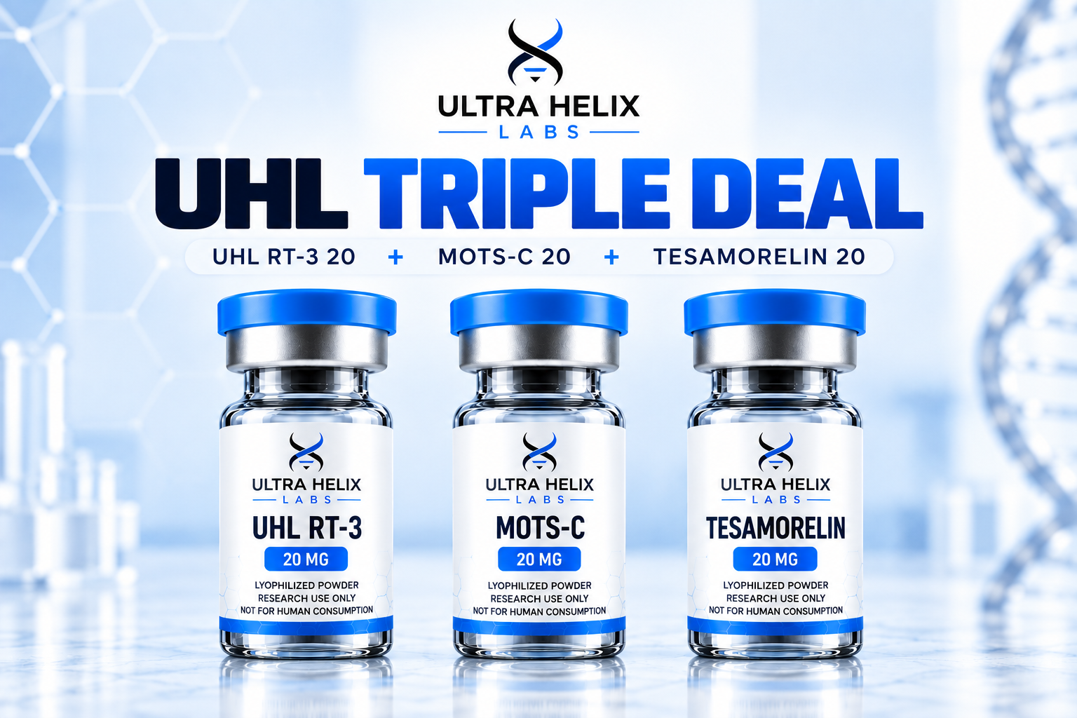 Triple Deal 20 (UHL RT-3 20mg + MOTS-C 20mg + Tesamorelin 20mg)